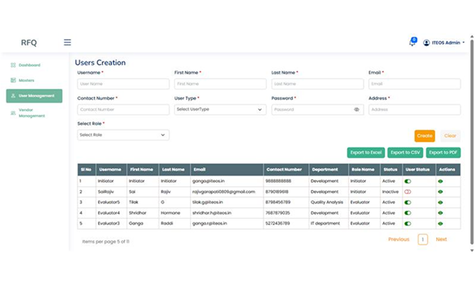 RFQ Management application interface